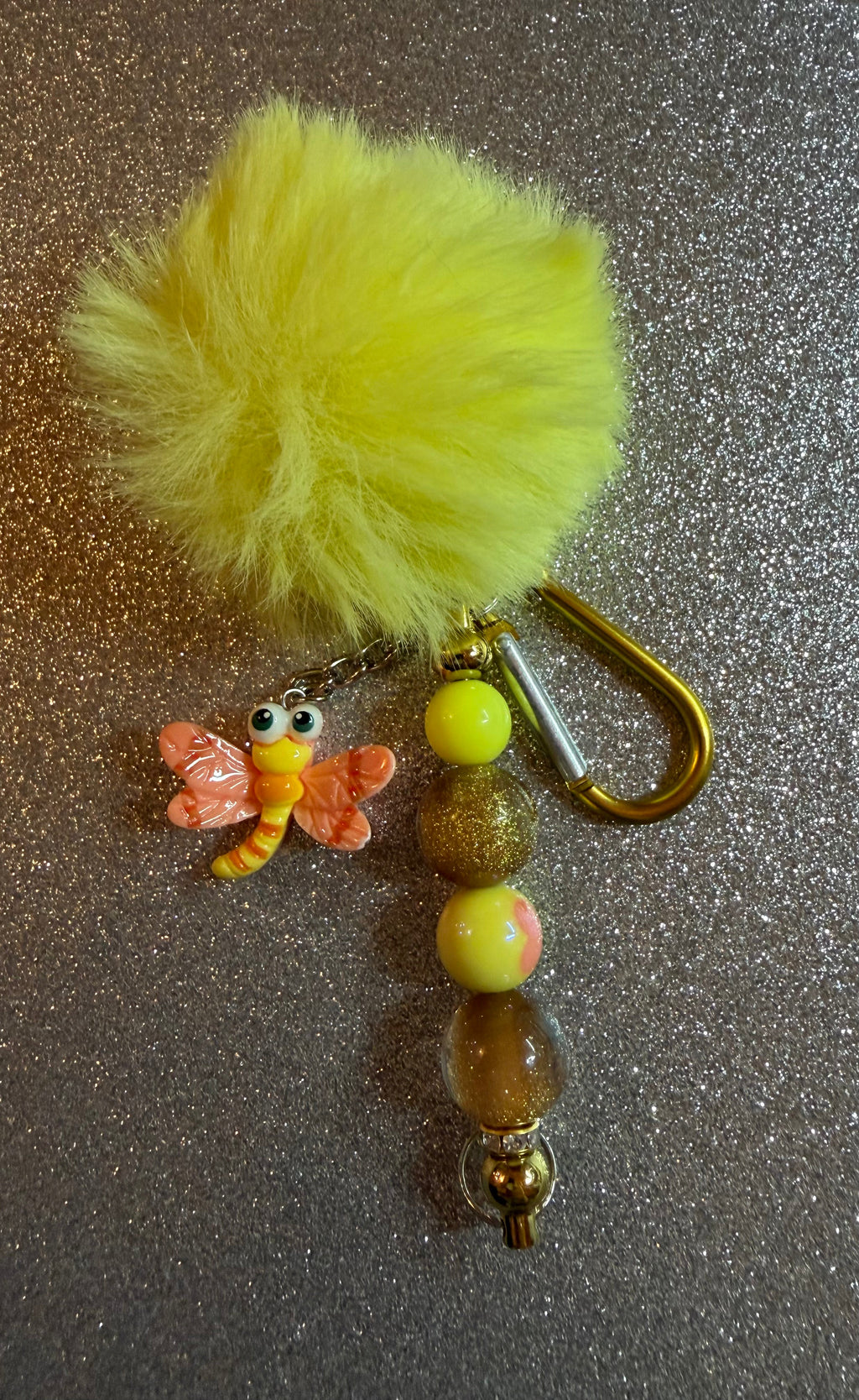 Neon Yellow Pom Pom & Dragonfly Charm Keychain