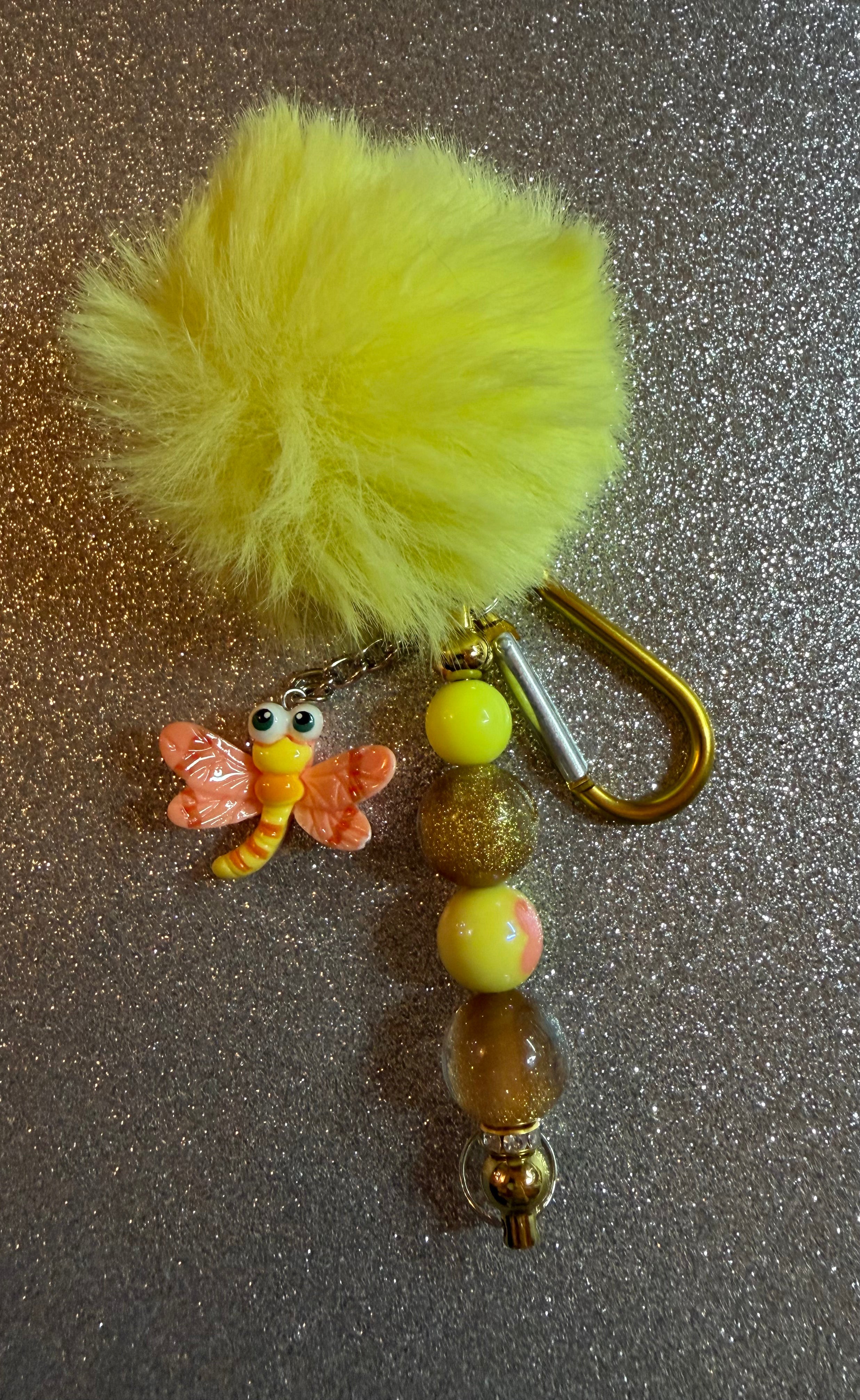 Neon Yellow Pom Pom & Dragonfly Charm Keychain