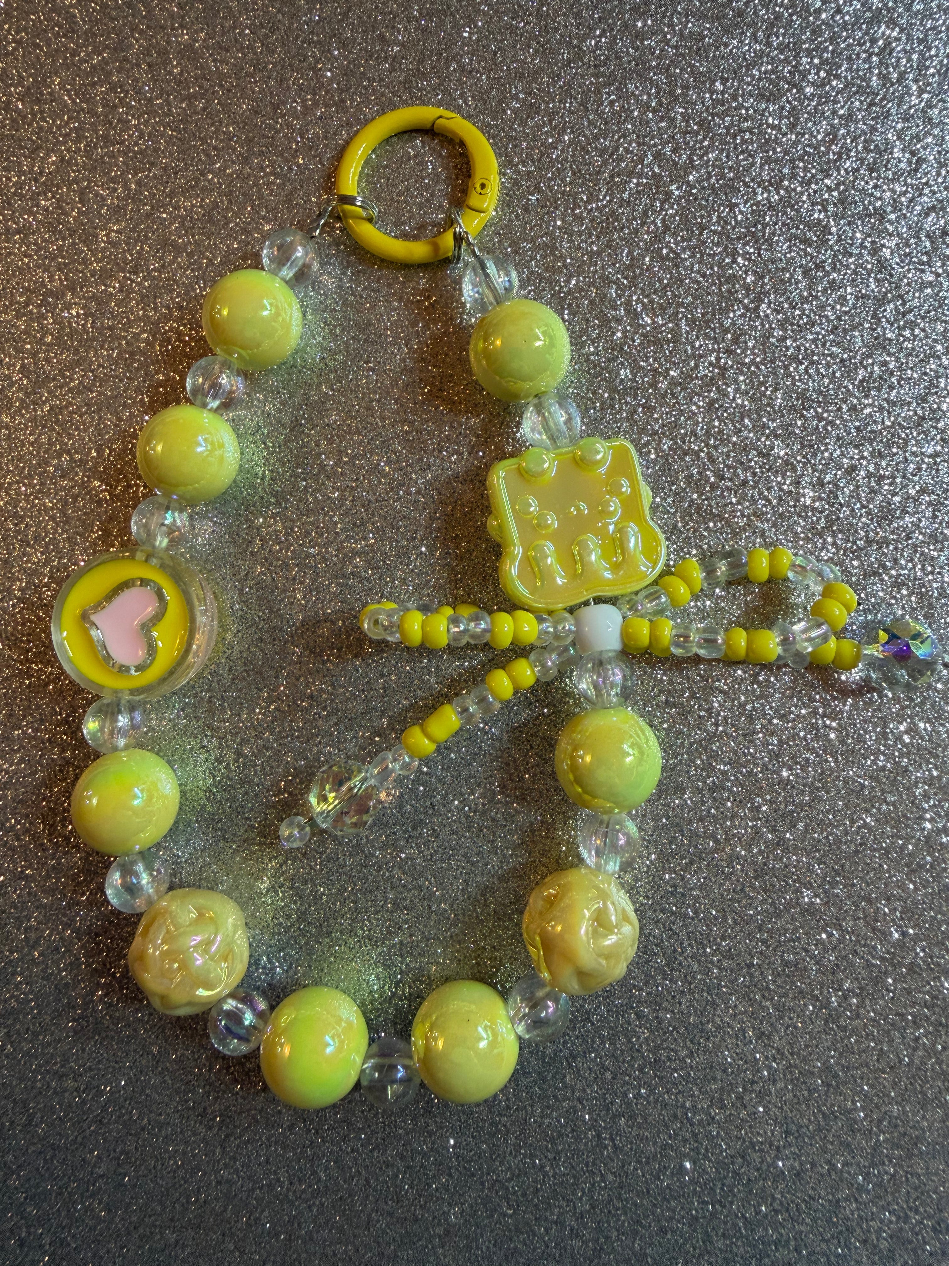 Neon Yellow Beaded Bag Charm Keychain