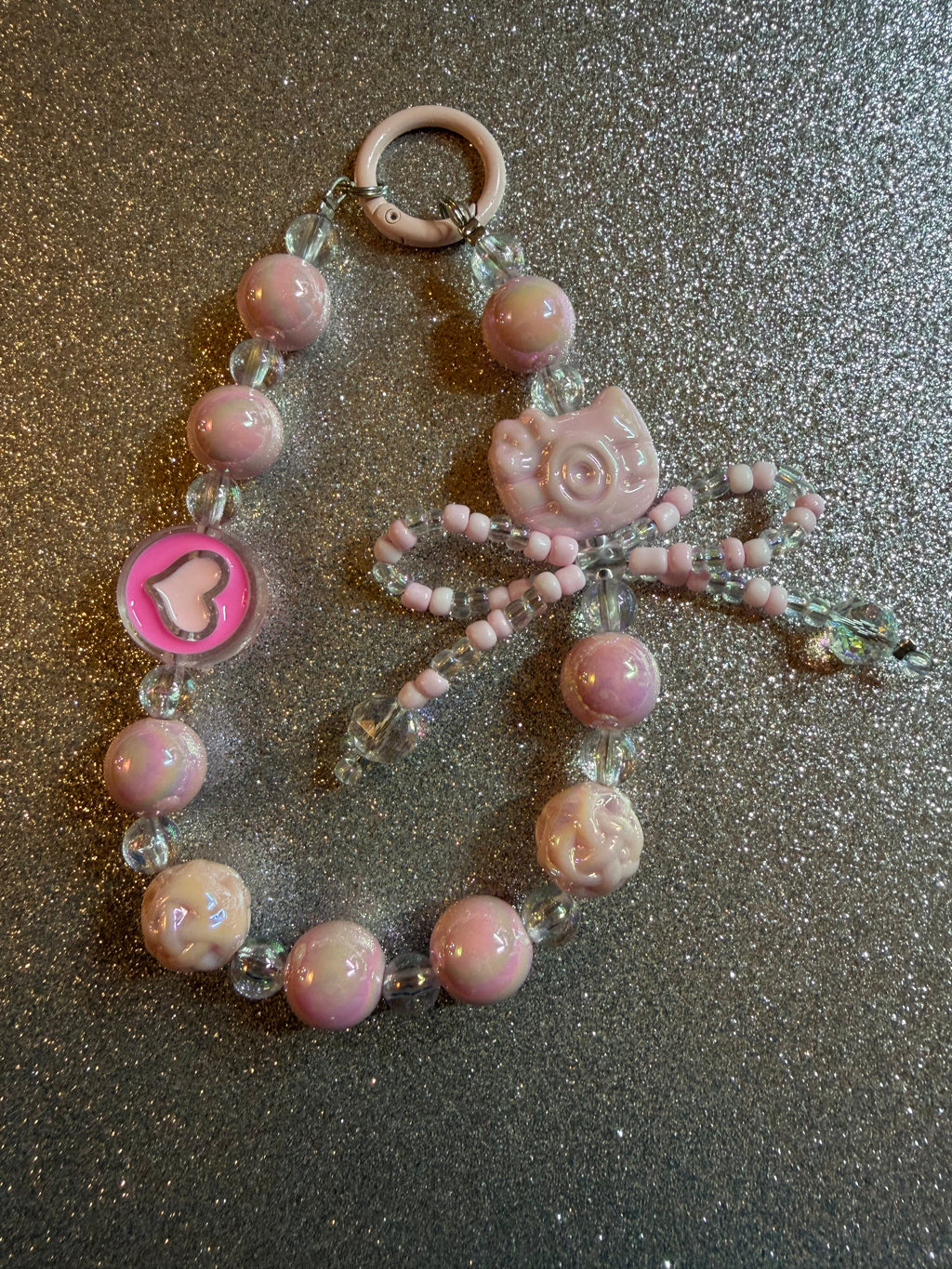 Pink Cat Beaded Bag Charm Keychain
