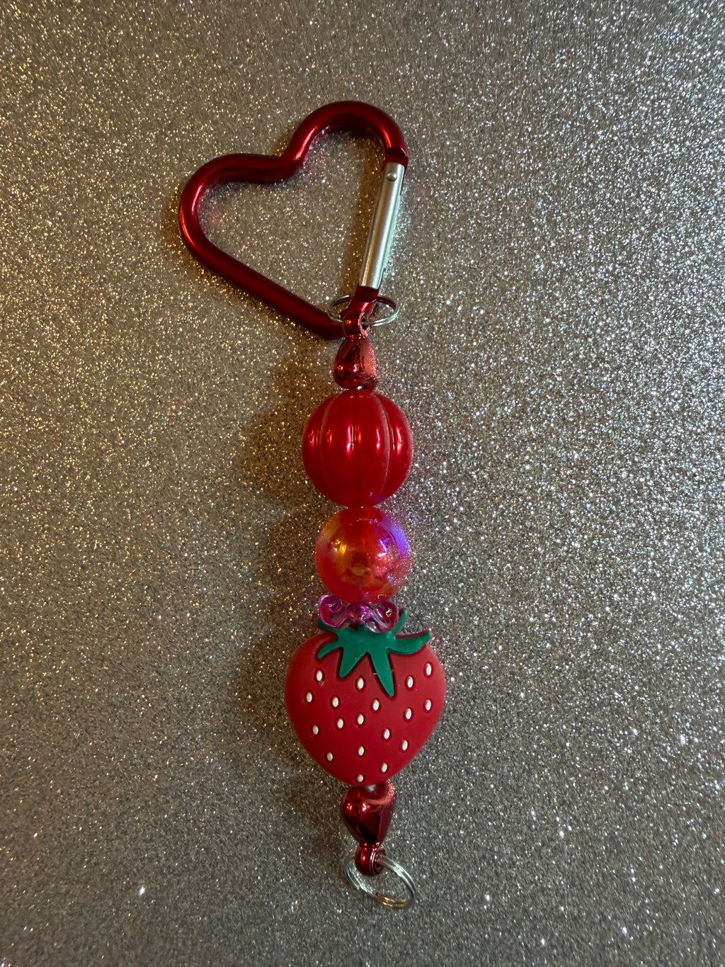 Red Heart Carabiner Strawberry Beaded Keychain