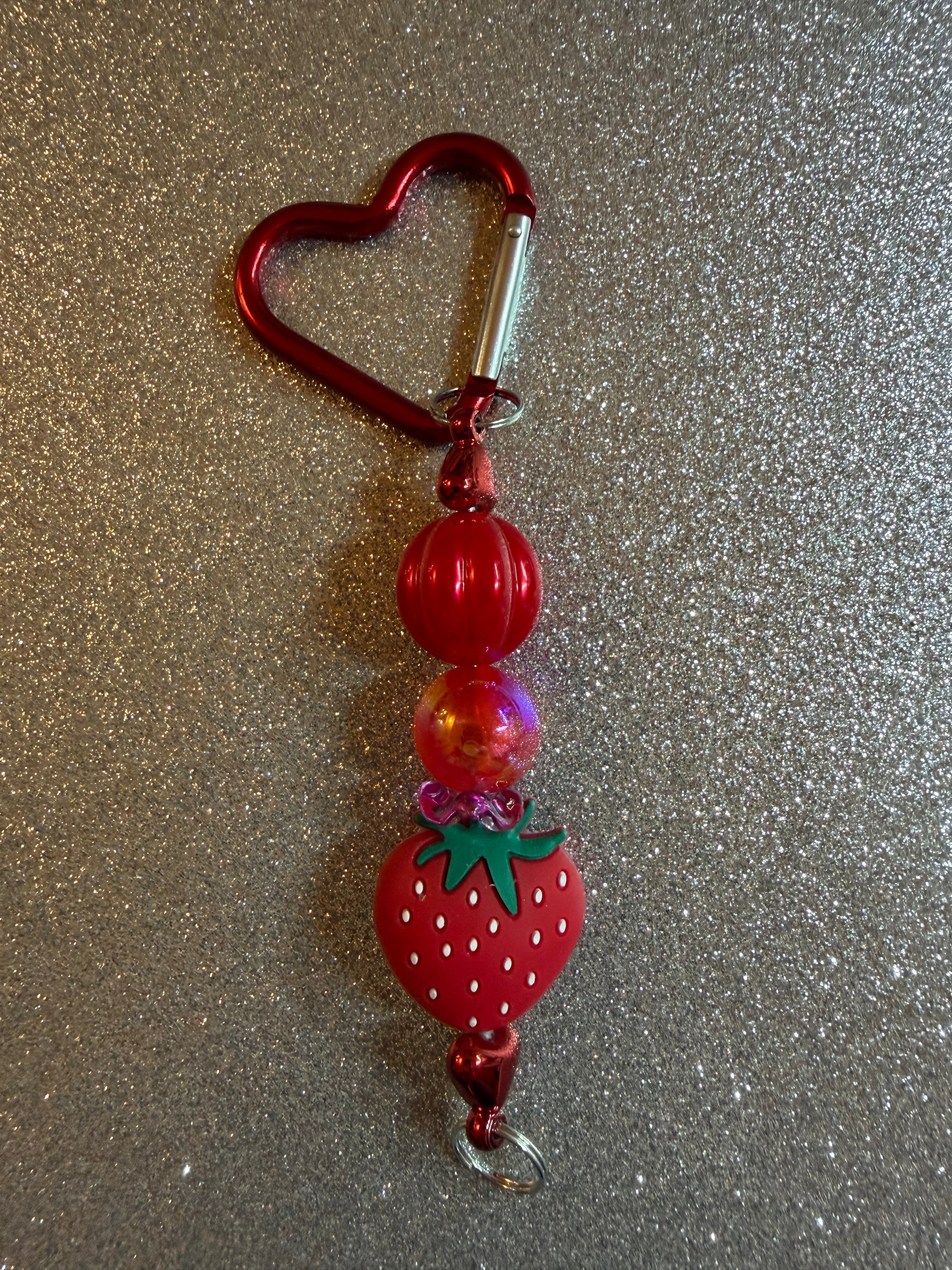 Red Heart Carabiner Strawberry Beaded Keychain