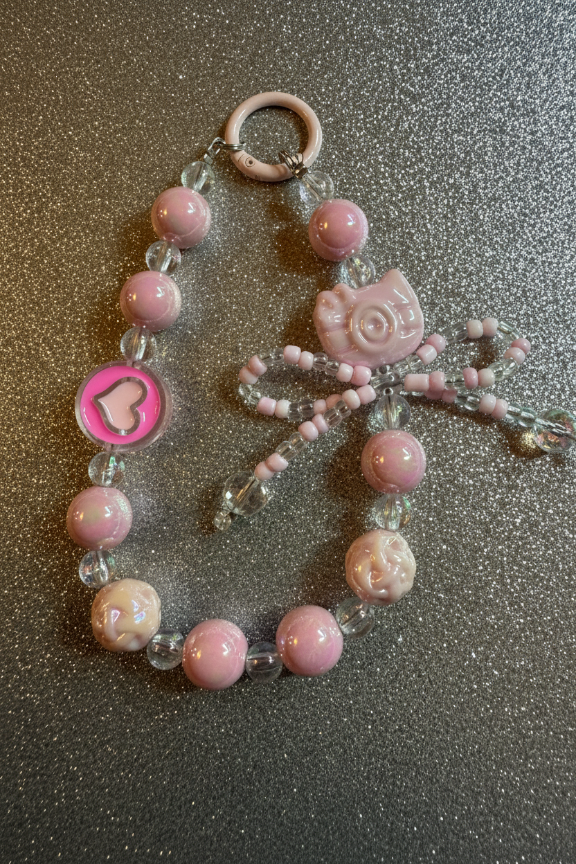 Pink Cat Beaded Bag Charm Keychain