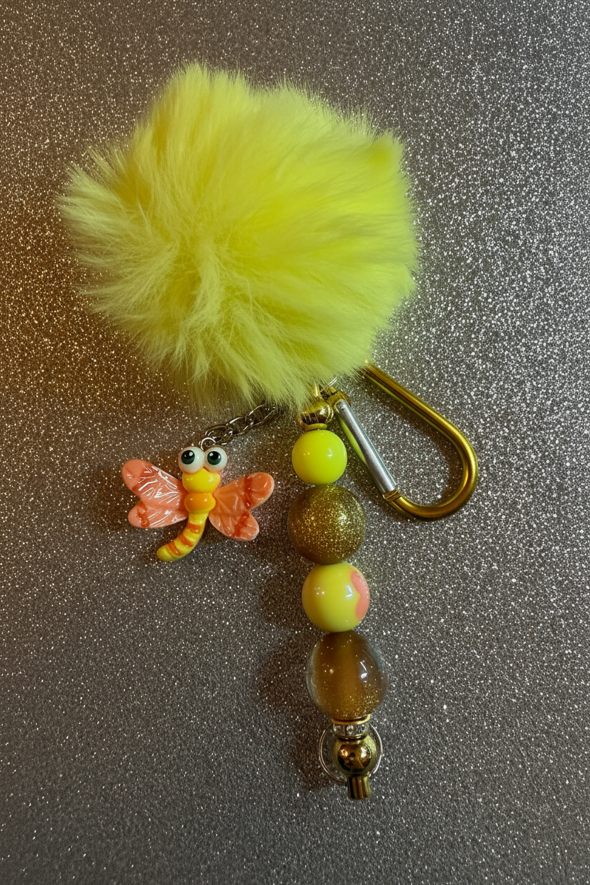 Neon Yellow Pom Pom & Dragonfly Charm Keychain