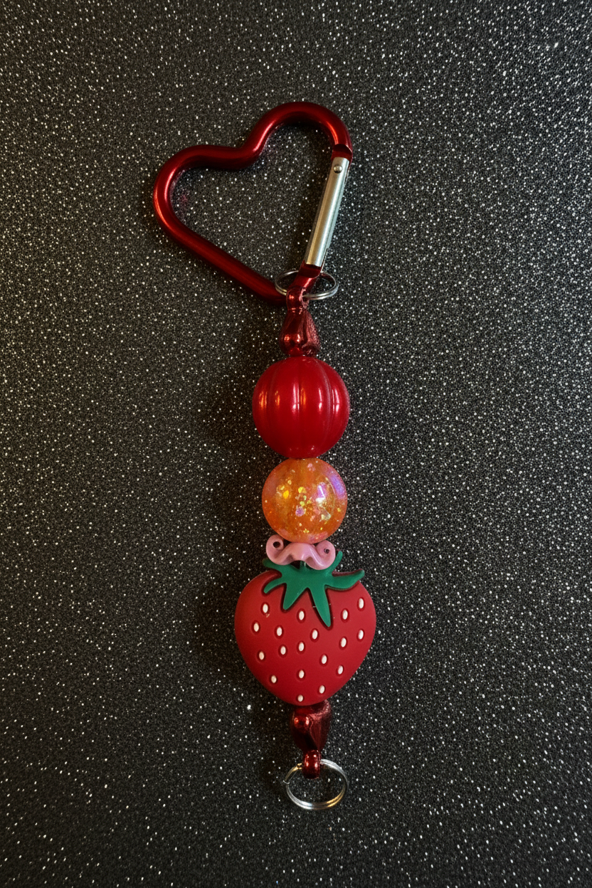 Red Heart Carabiner Strawberry Beaded Keychain